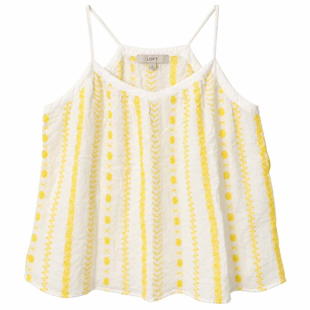 LOFT White Yellow Embroidered Spaghetti Strap Cami Tank Top